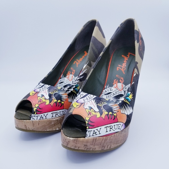 Ed Hardy Shoes - Ed Hardy Wedge Heels Camo Brave Hearts Stay True
